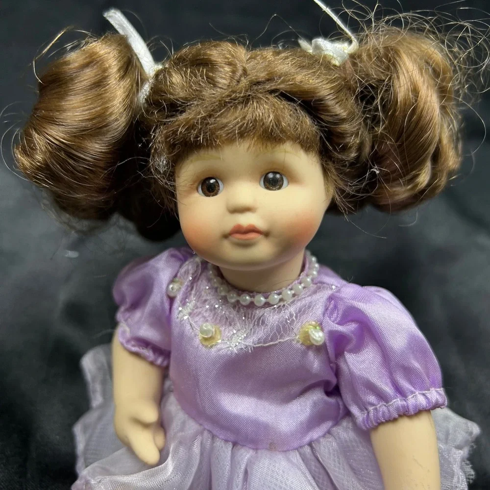 Vintage Miniature Porcelain Ballerina Doll Lavender Tutu Brunette Pigtails 8in